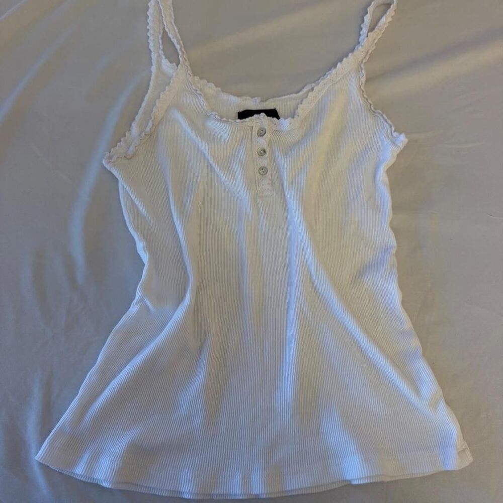 Creations Angie White Ribbed Coquette Crochet Lace Trim Henley Tank Top Small